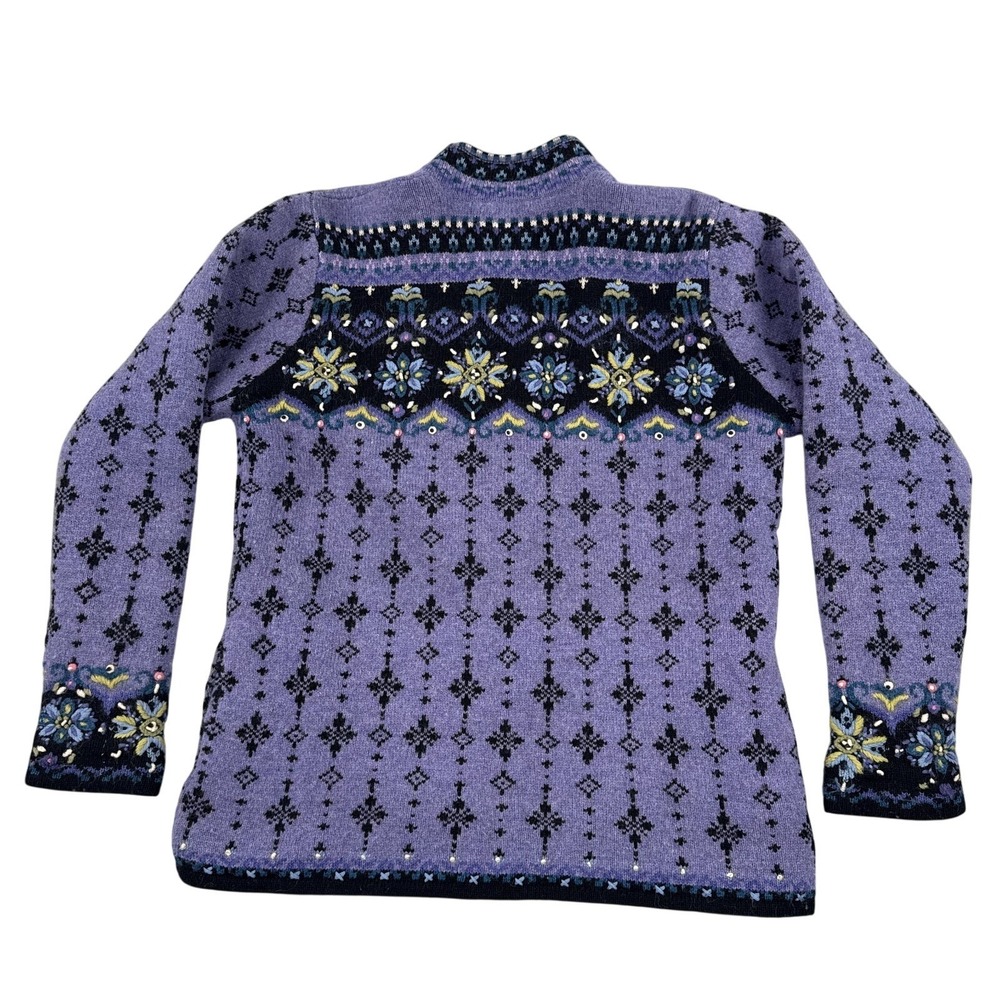 Icelandic Design Sweater M Womens Purple Pure Wool Jacket Scandinavian Floral - Picture 2 of 14